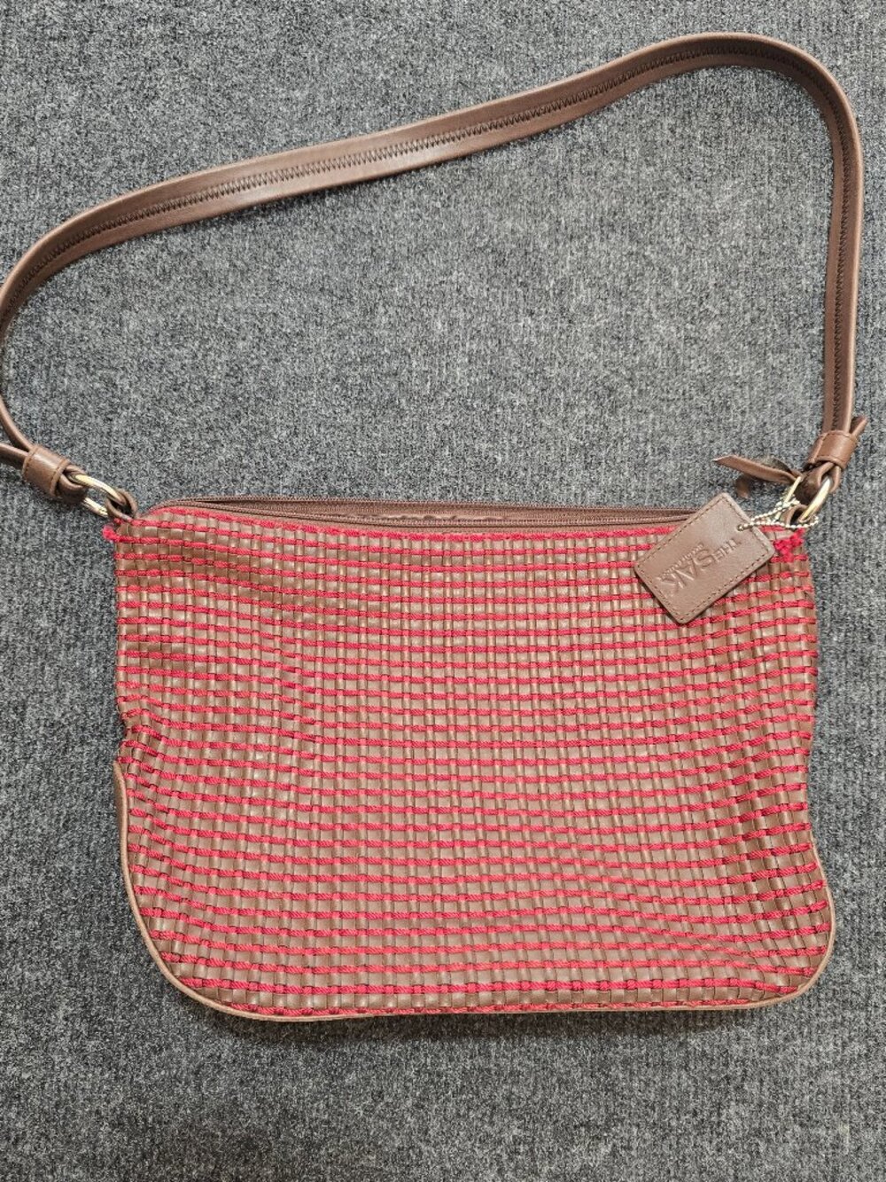 The Sak Elliott Lucca Woven Shoulder Bag Brown Red Crochet Purse Leather Tag GUC